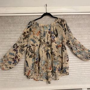 Anthropologie Cream Floral Peasant Blouse with Blue and Brown Accents